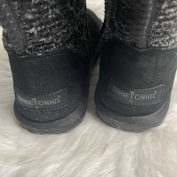 Minnetonka Tall Suede Tweed Boots Sheepskin/ Wool Lining Black/Gray SZ7 - Picture 5 of 9